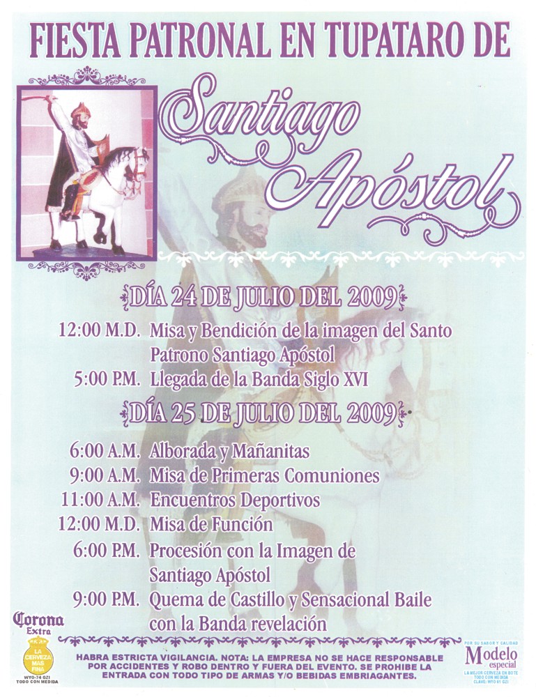 Imagen de cartel a color de publicidad de la fiesta patronal de Tuptaro en el ao 2009.